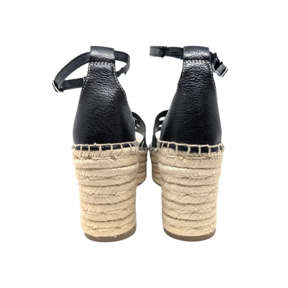 Tory Burch Ines Espadrille Wedge Sandals Black Leather Logo Size 8